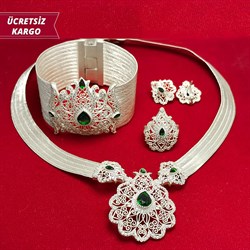 Zümrüt Taşlı Prenses Model Trabzon Hasırı Gümüş Dörtlü Set